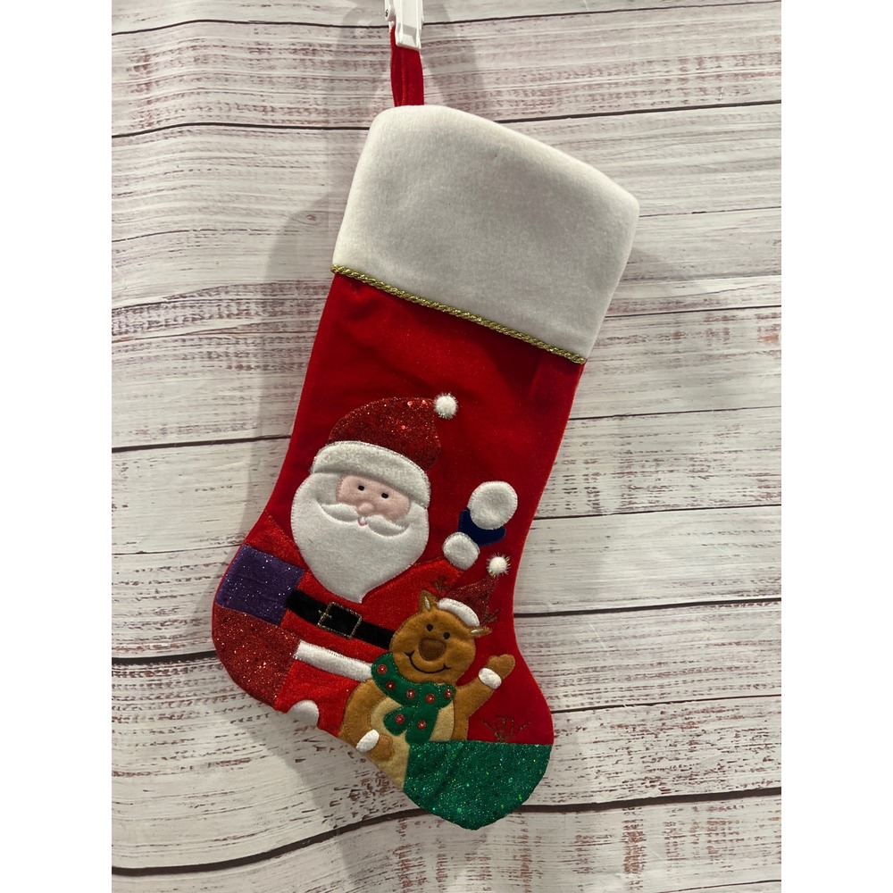 Christmas Stocking Red Velvet Santa Reindeer Applique Glitter Faux Fur Trim 18in